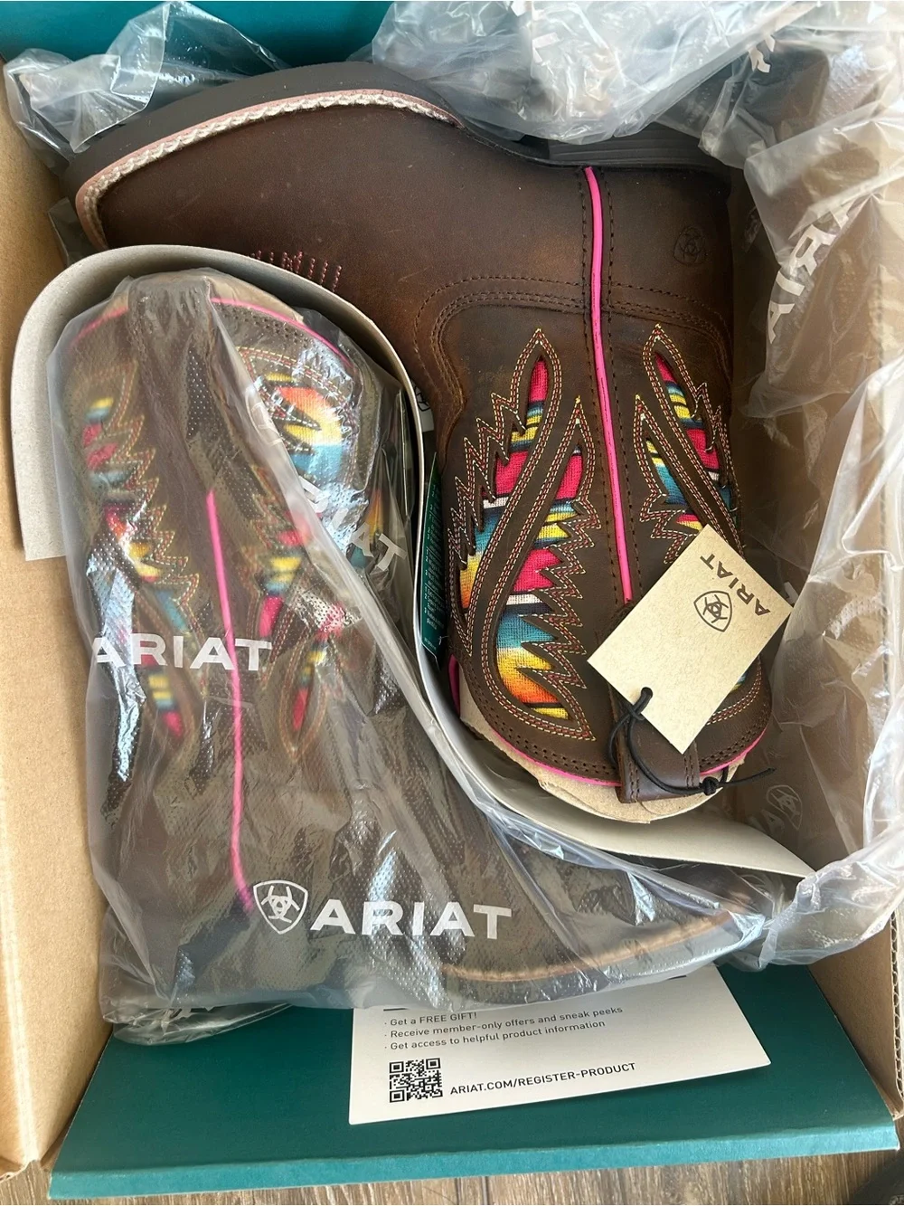 Ariat Girls Brown Leather Western Cowgirl Boots with VentTEK Multicolor Fabric - Picture 2 of 8
